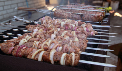 Kebabs on skewers prepared on charcoal grill