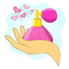 Flat pattern of a perfume bottle. Pink perfume bottle with spray .Perfume bottle in hand. Little pink hearts.Illustration