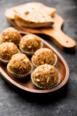 Leftover chapati Laddu / Churma Laddoo or Policha Ladu made with Roti, peanuts, dry fruits and jaggery. selective focus 