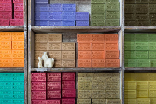 Coloured soaps on the market of Nyons, in Provence