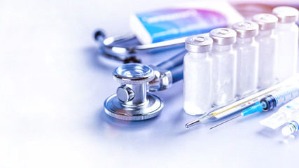 Drug prescription for treatment medication. Pharmaceutical medicament, cure in container for...