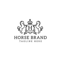 Retro golden crest with shield and two horses. Can be used as logo, emblem or banner for luxury, royal or vintage design concept. - Vector
