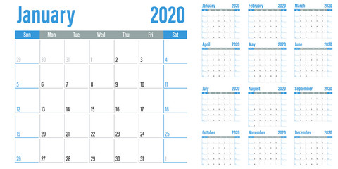 Calendar planner 2020 template vector illustration all 12 months week starts on Sunday and indicate weekends on Saturday and Sunday