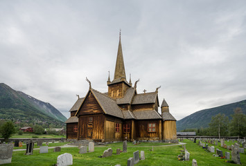 Fototapeta na wymiar A typical stave church in Lom, a medieval wooden Christian church building once common in north-western Europe. Also called the post church and palisade church. Norway, Scandinavia, Europe.