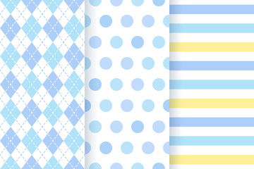 Baby pattern. Blue seamless background. Vector. Baby boy textile print. Cute geometric pastel childish texture for invitation, invite template, card, birth party, scrapbook. Flat design illustration.