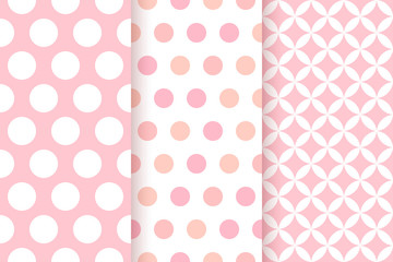 Baby pattern. Kids seamless texture. Pink pastel background. Vector. Baby girl geometric textile print. Cute childish backdrop with big polka dots and rhombus. Flat design. Modern illustration.
