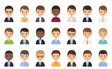 Men faces. Avatar male character in flat design. Business person. Vector. People icons isolated on white background. Set office workers. Cartoon illustration.