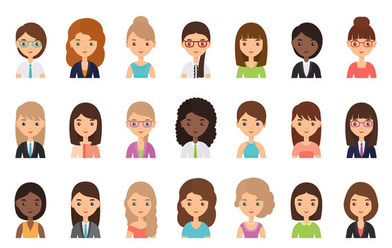 Women faces. Avatar female character in flat design. Business girls. Vector. People icons isolated on white background. Set office workers. Cartoon illustration.