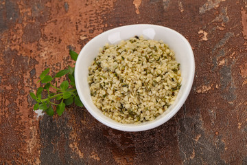 Peeled hemp seeds in the bowl