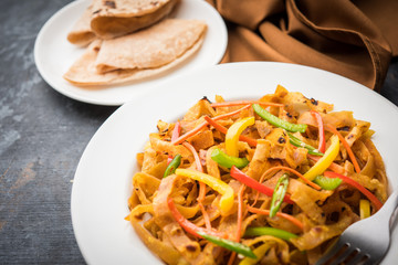 Leftover Chapati noodles also known as fodnichi holi or Upma is a great substitute for traditional unhealthy noodles for kids, selective focus