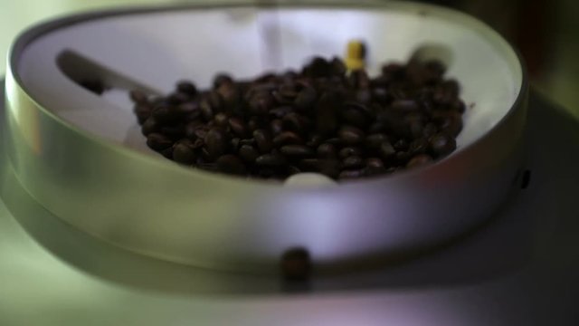 Fragrant coffee beans poured into the boot tray of the coffee machine close-up