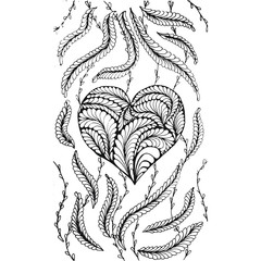 Zentangle doodle vector art illustration with black and white heart and leaves
