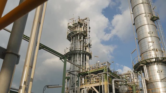 Engineering complex in Oil and Chemical refinery industrial plant , Structure and industrial equipment in production area of refinery plant , Panning video