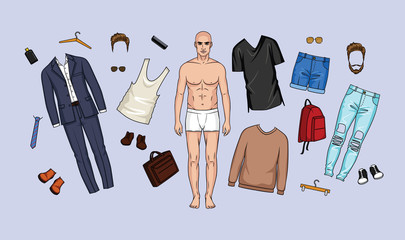 Vector illustration of a set of clothes and accessories for men. Urban fashion wardrobe, casual style and business suit for men. A man with clothes, shoes, bags and hairstyle elements for games