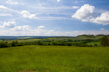 Obraz premium Field of green grass in the hilly landscape
