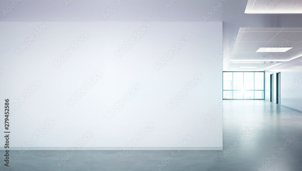 Poster Blank wall in bright office mockup with large windows and sun passing through 3D rendering