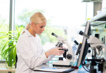 Scientist working in lab. Female doctor making medical research. Laboratory tools: microscope, test tubes, equipment. Biotechnology, chemistry, science, experiments and healthcare.