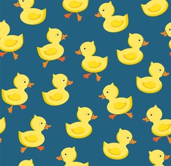 Ducklings, seamless pattern, color, blue, vector.  Yellow cheerful ducklings. Color, flat picture. Vector, flat seamless background.  