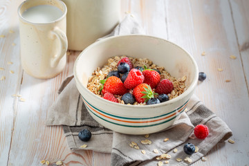 Delicious granola with berry fruits as healthy meal
