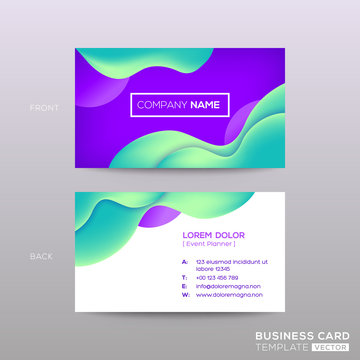 business card with abstract violet background with green wavy curved shape background