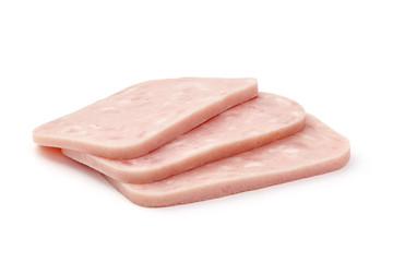 Sliced boiled ham sausage, close-up, isolated on white background