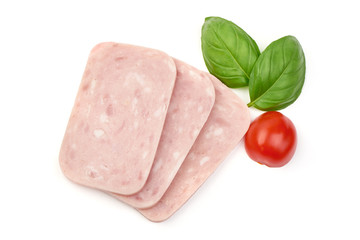 Boiled ham sausage slices, top view, isolated on white background