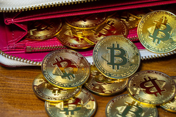 Golden Bitcoin coins in the wallet. A new type of business finance concept