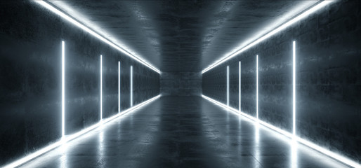 Sci Fi Futuristic Modern Grunge Concrete White Blue Glowing Stage Hall Garage Underground Room Tunnel Corridor Dark Reflective Empty Background Spaceship Gate 3D Rendering