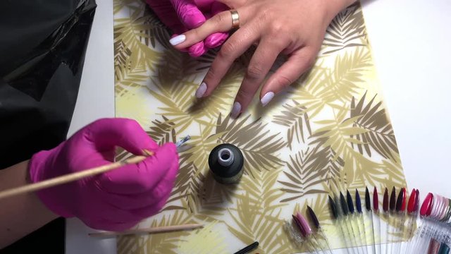 Master makes a manicure in the beauty salon. A woman makes beauty on the nails of another woman. Female fingers in the hands of a manicurist. Hands of a specialist in pink rubber gloves.