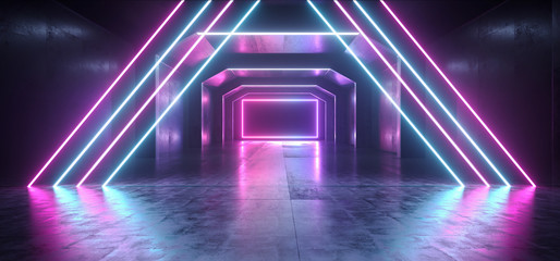 Futuristic  Sci Fi Laser Neon Shapes Glowing Light Vibrant Purple Blue Stage NIght Club Background Grunge Concrete Dark Tunnel Hall Corridor Garage Fashion Party Reflective 3D Rendering