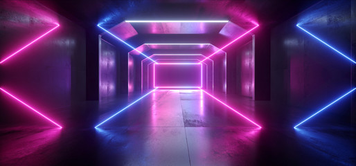 Fototapeta premium Futuristic Sci Fi Laser Neon Shapes Glowing Light Vibrant Purple Blue Stage NIght Club Background Grunge Concrete Dark Tunnel Hall Corridor Garage Fashion Party Reflective 3D Rendering