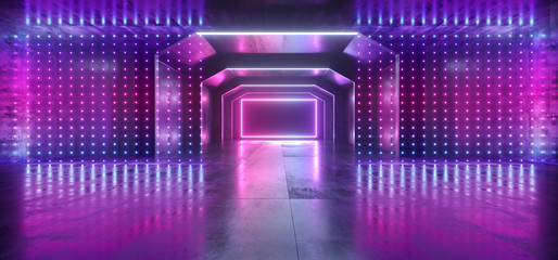 Futuristic  Sci Fi Laser Neon Shapes Glowing Light Vibrant Purple Blue Stage NIght Club Background Grunge Concrete Dark Tunnel Hall Corridor Garage Fashion Party Reflective 3D Rendering