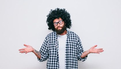 Crazy hipster guy emotions. Collage in magazine style with happy emotions. Colorful summer concept.