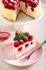 Raspberry cheesecake, sliced