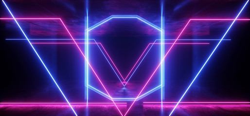 Futuristic  Sci Fi Laser Neon Shapes Glowing Light Vibrant Purple Blue Stage NIght Club Background Grunge Concrete Dark Tunnel Hall Corridor Garage Fashion Party Reflective 3D Rendering