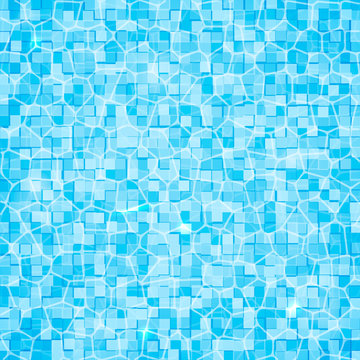 Swimming pool background. Top view of water surface with waves and sun glare on it. Blue tiled bottom. Summer vacation vector illustration. Easy to edit template for your design projects.