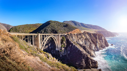 Bixby Creek bridge at the Pacific highway, California, USA. A landmark bridge on highway 1, the most beautiful road in USA. © tanarch