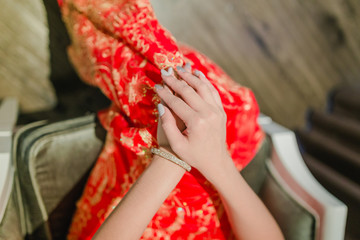 Bride hands of man and woman for together.