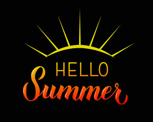 Hello summer bright calligraphy lettering on black background. Inspirational seasonal quote typography poster. Hand written logo design. Vector template for banner, flyer, sticker, clothes.