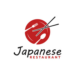 Japanese restaurant company logo with dishware and chopsticks