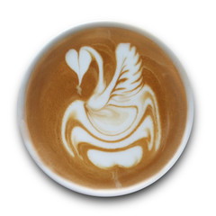 Top view of a mug of latte art coffee isolted on white background.