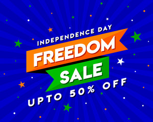 Naklejka na ściany i meble Freedom Sale on Independence Day of India, Concept, Template, Banner, Logo Design, Icon, Poster, Unit, Label, Web Header, Mnemonic with Celebration Blue Rays Background - Vector, illustration