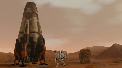 3D rendering. Colony on Mars. Two Astronauts Walking On The Surface Of Mars. Exploring Mission To Mars. Futuristic Colonization and Space Exploration Concept. © merlin74