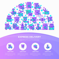 Express delivery concept in half circle with thin line icons: parcel, truck, out for delivery, searchong of shipment, courier, sorting center, dispatch. Vector illustration for web page template.