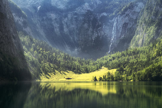  Morning sunrise view at the hintersee with r&ouml;thbach waterfall bavaria national park berchtesgaden land, germany, landscape hiking vacation travel