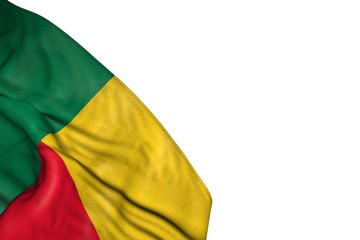 wonderful day of flag 3d illustration. - Benin flag with big folds lying flat in bottom left corner isolated on white