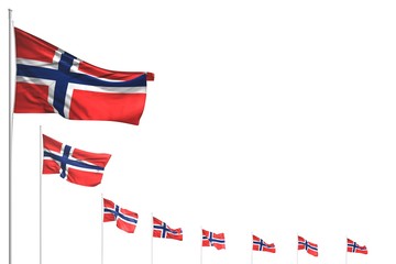 pretty holiday flag 3d illustration. - many Norway flags placed diagonal isolated on white with place for your content