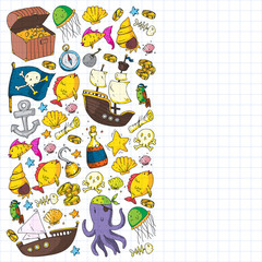 Ocean and sea for children. Pattern for boys. Pirate party. Cute fishes, animals, treasures. Kids vacation pattern, beach toys and elements.