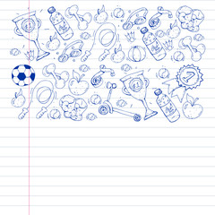 Vector pattern with sport elements. Fitness, games, exercises. Doodle icons in kids drawing style