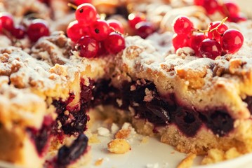 Tasty homemade cherry pie and fresh red currants. Close up